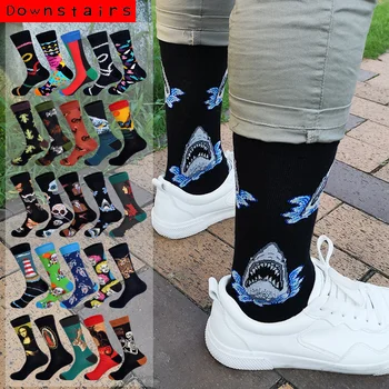 

Downstairs Streetwear Happy Socks Men BritishStyle Hip Hop Shark Jesus Animal Art Designer Men Compressie Sokken Meias