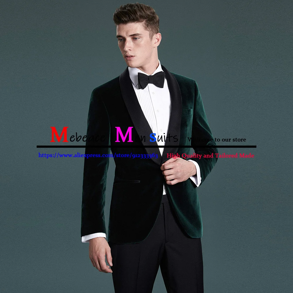 

Dark Green Men Suit Slim Fit 2 Piece Jacket Pants Formal Shawl Lapel Tuxedos Wedding Bridegroom Velvet Prom Blazers Masculino