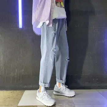 

Hole Jeans Men's Trend Pants Korean Version Of The Loose Straight 9 Pants Pants Wild Casual Nine Pants Harajuku Streetwear