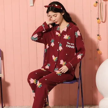 

Women Pajama Sleepwear Cotton Nightwear 2PCS Sleep Set Casual Pyjamas Suit Soft Shirt&Pants Autumn New Homewear Lingerie