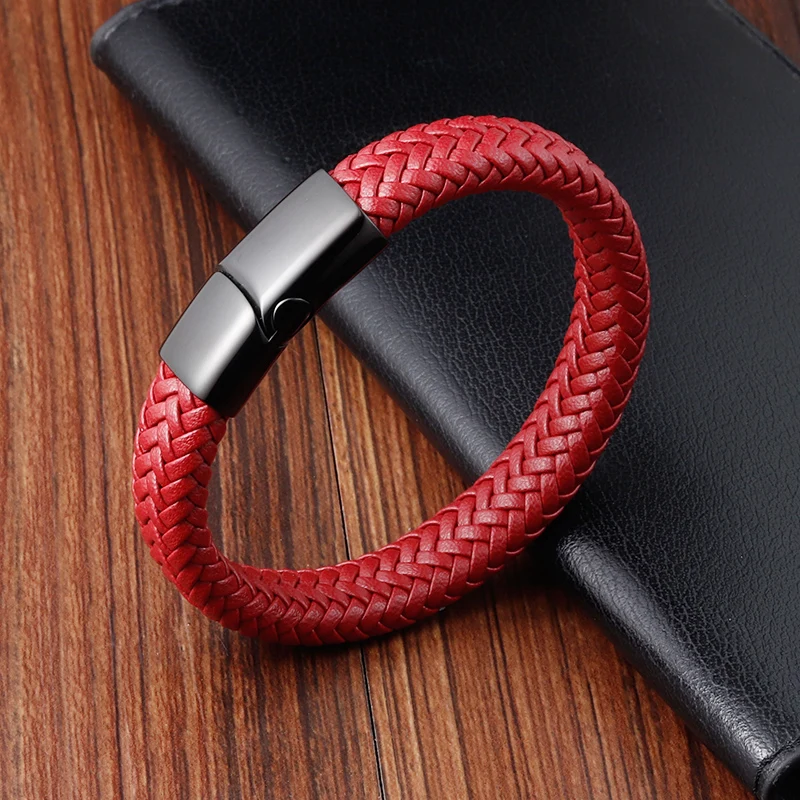 New Free Custom Name Blue/red leather Simple Charm Business Men Stainless Steel Leather Braided Bracelet Bagnet Lock Bangle - Image 6
