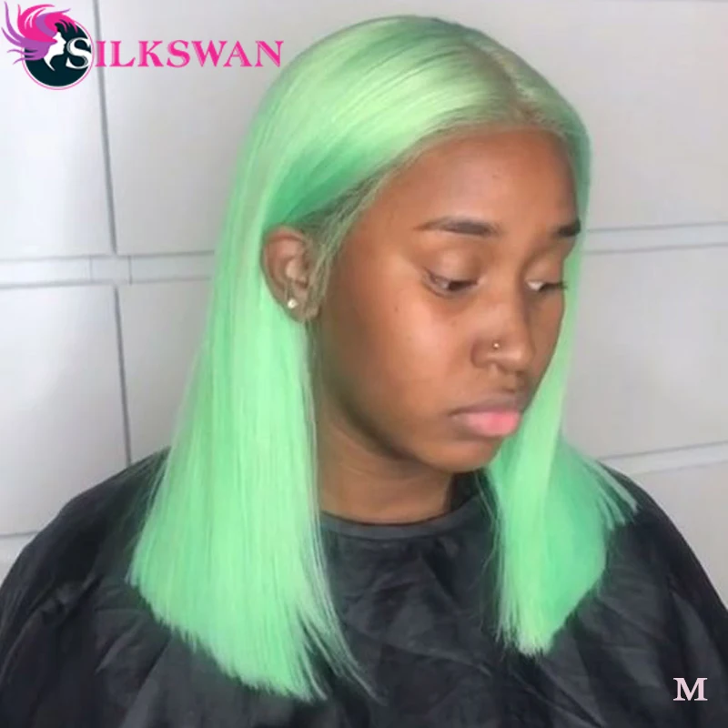 

Silkswan Hair Brazilian Human Hair Wigs Bleach knots 13*4 Lace Front wigs For Women Short Bob Wig 150% Green&Pink Wig Remy Hair
