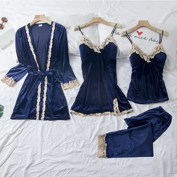 

Navy Blue Gold Velvet 4 Pieces Warm Winter Pajamas Sets Women Sexy Lace Robe Pajamas Sleepwear Kit Sleeveless Nightwear