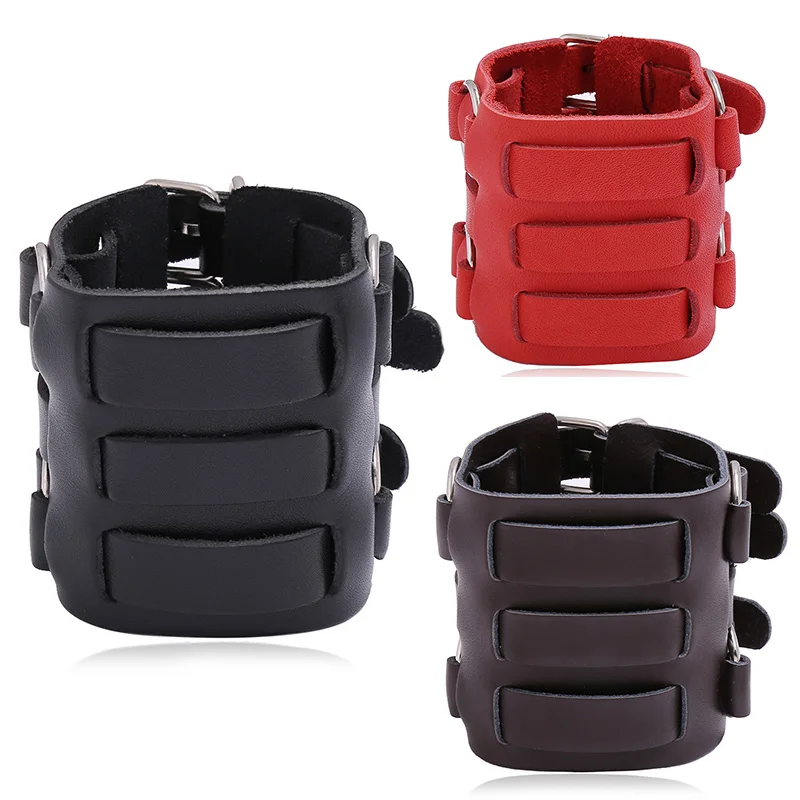 HyperboleSimpleWideGenuineLeatherBraceletsMenBlackBrownRedLeatherCuffBangles