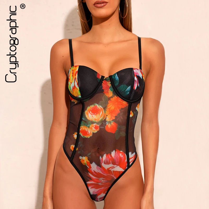 Женский прозрачный боди Cryptographic Черные Вечерние с цветочной вышивкой и