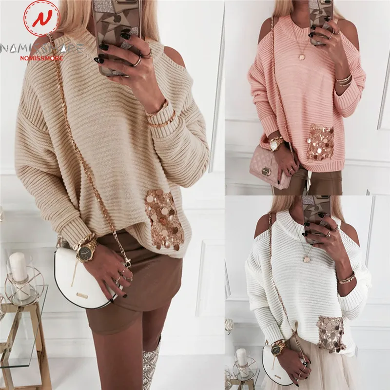 

Women Casual Loose T-Shirts Patchwork Hollow Out Design Sequin Decor O-Neck Long Sleeve Solid Color Autumn Winter Pullovers Top