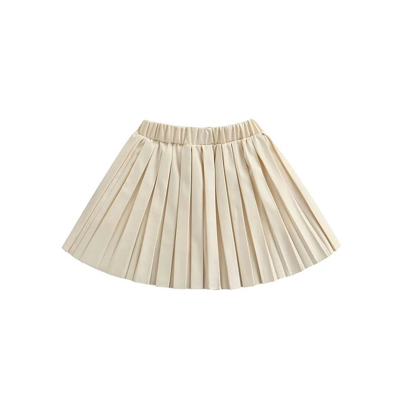 Kid Girl Leather Pleated Skirts, Elastic Waist Solid Color Knee Length Elegant Half Skirt