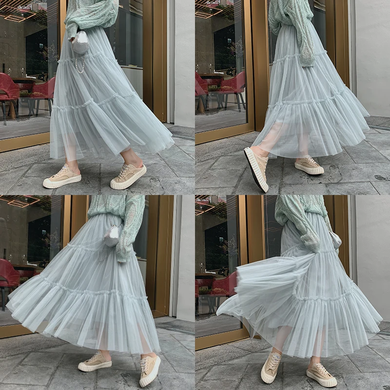 

2019 Women Net Tulle Skirt 12 Colors Patchwork Guaze Pleated Long Skirts Kawaii Autumn Korean Chic Basic Women Skirts