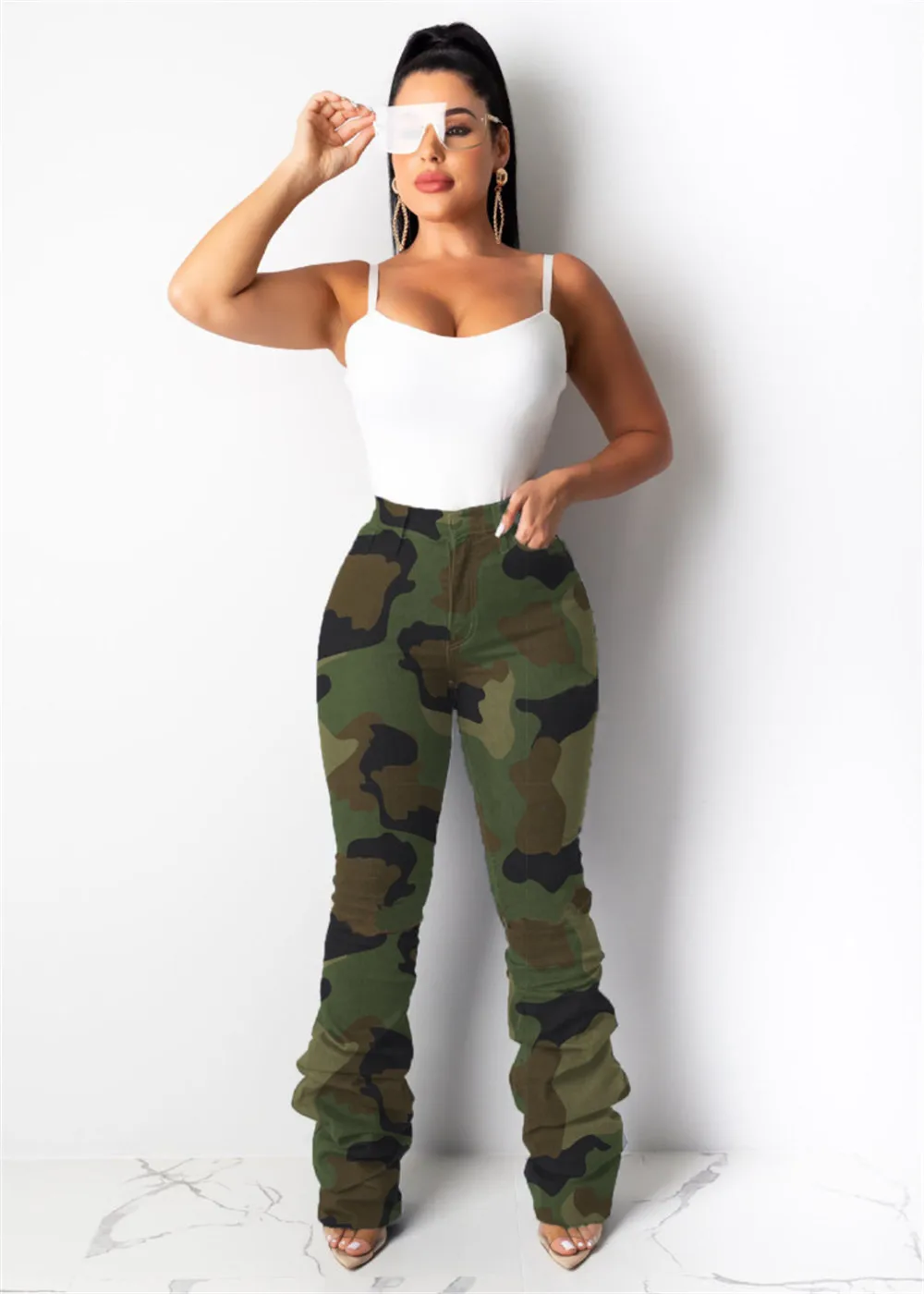 

Woman Jeans Camouflage Mid Waist Skinny Fashion Stacked Pants Classic Denim Trousers