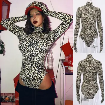 

Women Sexy Leopard Print Zip Neck Bodysuit Ladies Long Sleeve Romper Body Top