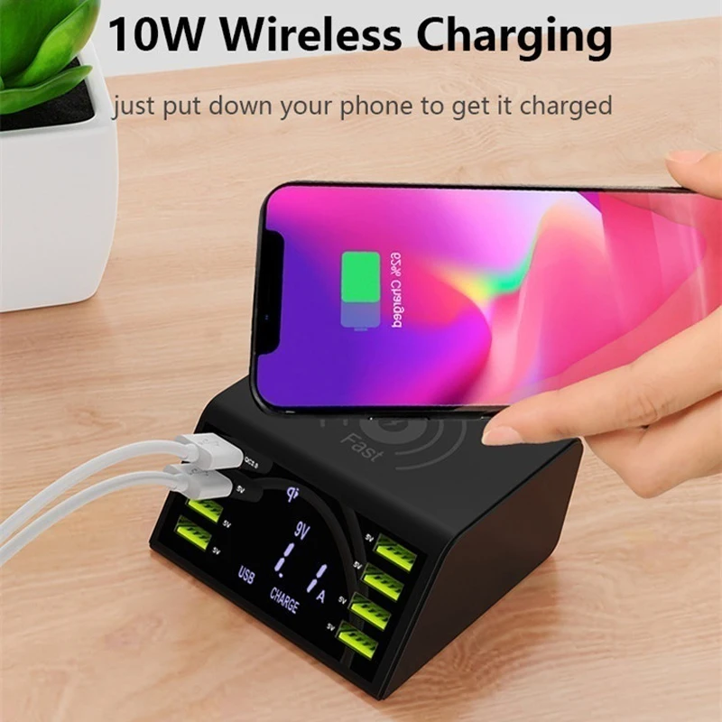LCD Display QC 3.0 Fast Charger Station Dock 8 Port 10W Wireless Charger For Mobile Tablet Smart Device US EU UK AU Plug
