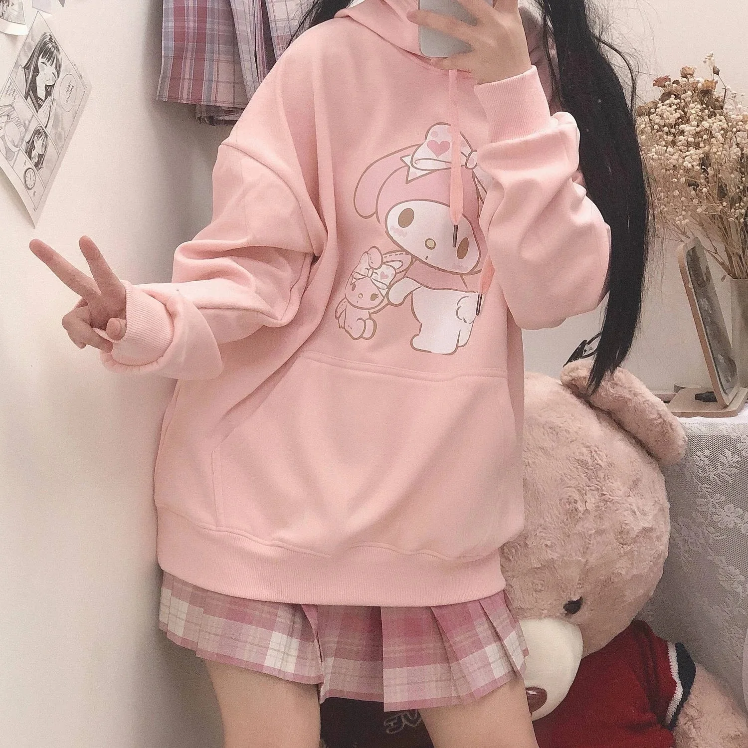 Japanese Sweet Hoodies for Girls Oversized Sweatshirt Clothes Spring Korean Cartoon Print Pullover Hoodie Sweatshirts Women