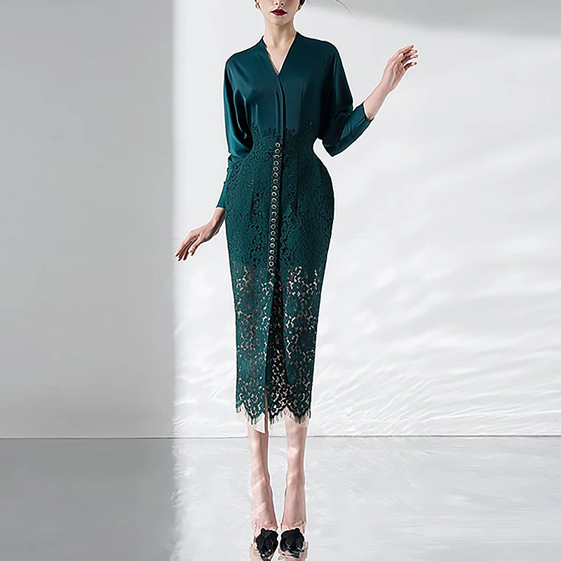 

Runway High Quality Summer New Women'S Party Casual Vintage Elegant Chic Gentlewoman V-Neck Lace Stitching Slim Fashion Dress