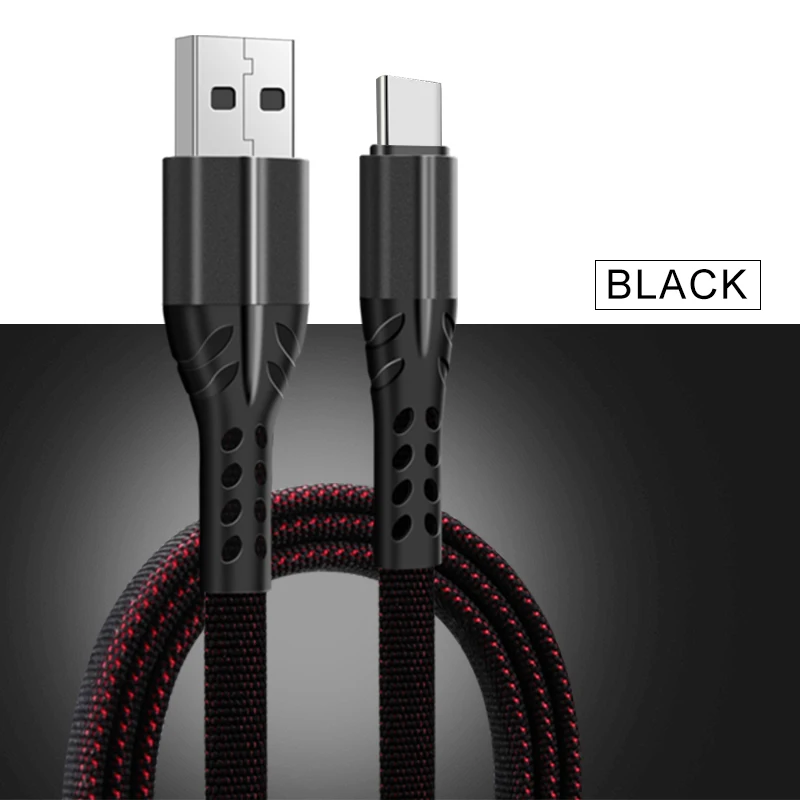 EKDME крепкий нейлоновый плетеный кабель type C USB для samsung кабель 1 м 2 м 3.5A провод для быстрого заряда type-C кабель для зарядки телефона для Xiomi - Цвет: Черный
