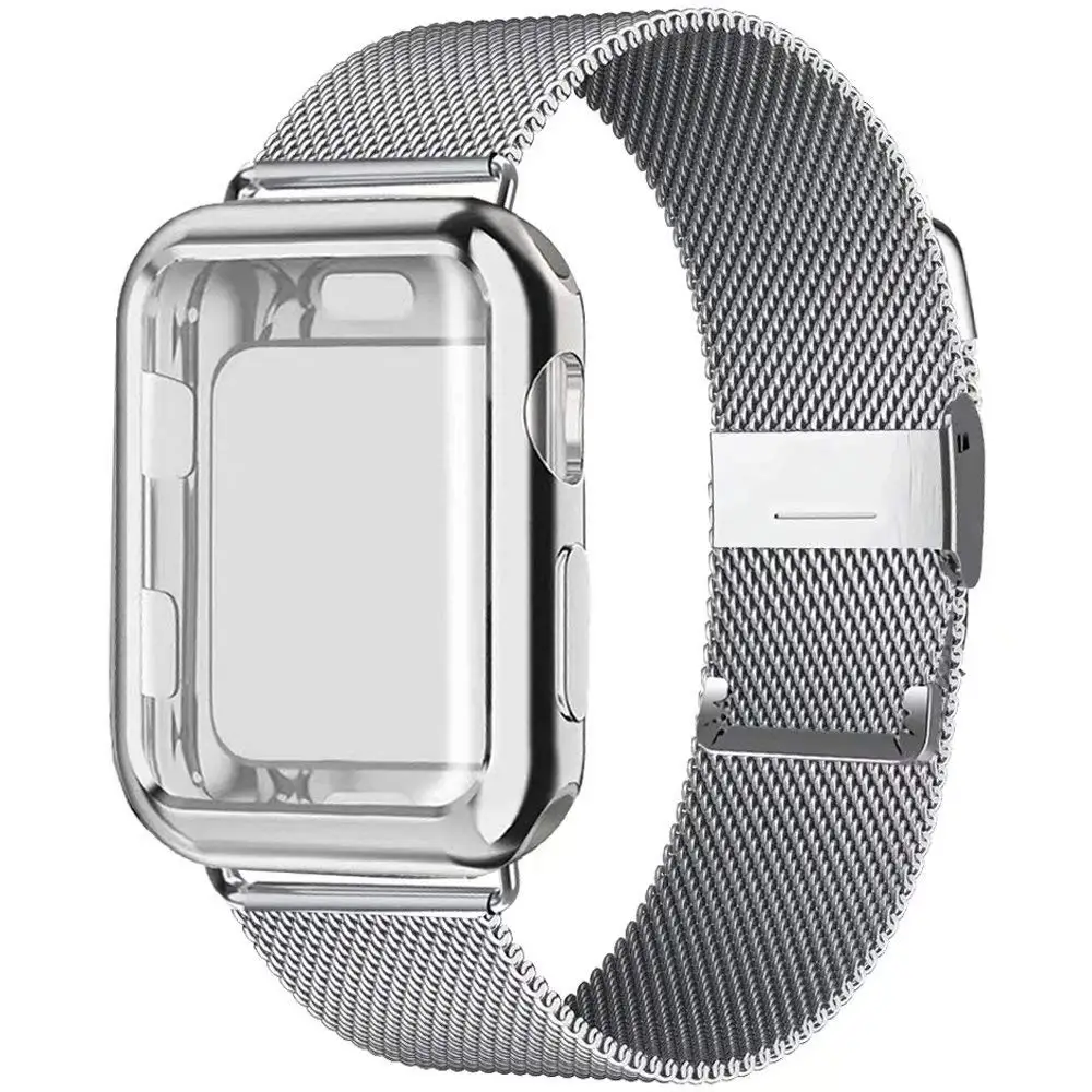 silver Миланский ремешок+ чехол для Apple Watch 38 мм 42 мм 40 мм 44 мм серия 5 4 браслет из нержавеющей стали для iwatch серии 4/3/2/1 - Цвет ремешка: silver