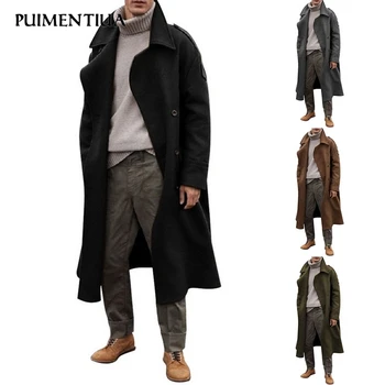 

Puimentiua Overcoat Trench Jacket Men Wild Turn Down Collar Fleece Single-Breasted Coat Solid Color Long Casual Windbreaker