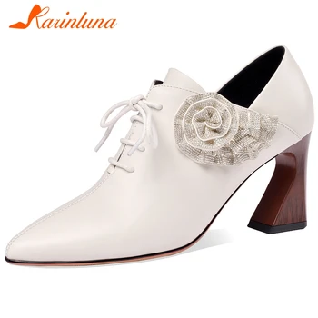 

KARINLUNA Brand New Ladies 2020 Party Ol Pumps Fashion Flower High Heels Pumps Women Luxury Genuine Leather Shoes Woman
