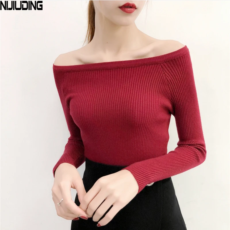 2020 New Fashion Women Long Sleeve Sweaters Casual Slash Neck Pullovers Solid thick Sweater Female Slim Sexy Cotton Kintted Tops | Женская