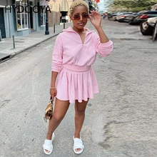 

Sexy Two Piece Set Pleated Mini Skirt and Zipper Long Sleeve Sport Crop Tops Fall 2021 Women Clothing Club Outfits Matching Sets