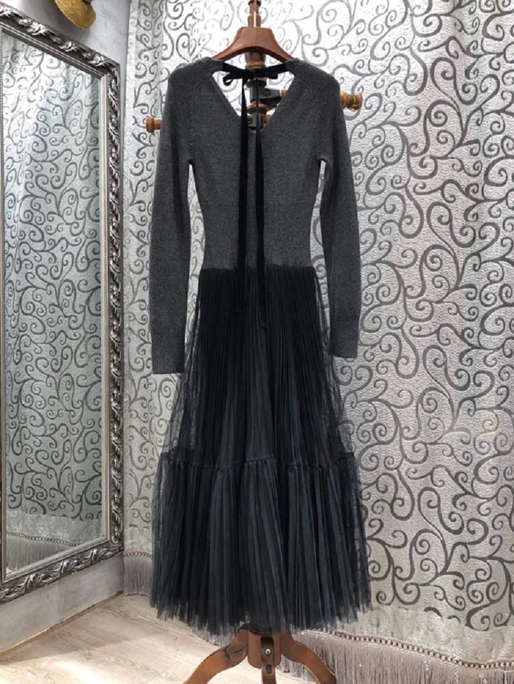 One Piece Dress Autumn Winter Sweater Dress Women V Neck Sexy Tulle Mesh Patchwork Back Bow Deco Long Sleeve Knitted Dress Dresses Aliexpress