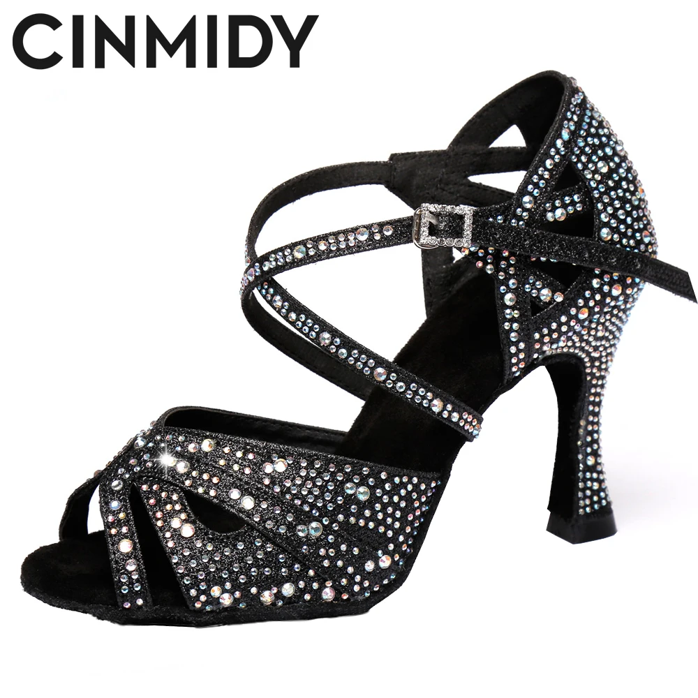 Rhinestone Latin Dance Shoes CINMIDY Tango Ballroom Dance Shoes Ladies High Heels Soft Sole Women Sandals Wedding Women dance shoes