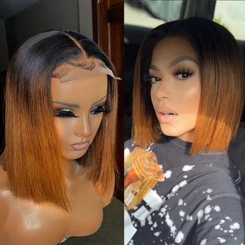 

Wowangel Straight 4*4 Lace Closure Human Hair Wigs Ombre Brown Colored Wig Density 150% Brazilian Remy Hair Bleached Knots