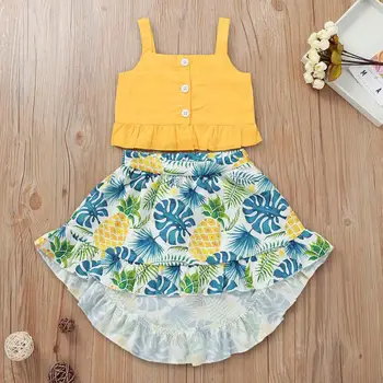

summer girls 2pcs set yellow tops with skirt palm leaf pineapple print toddler infant children's clothing size 90-120