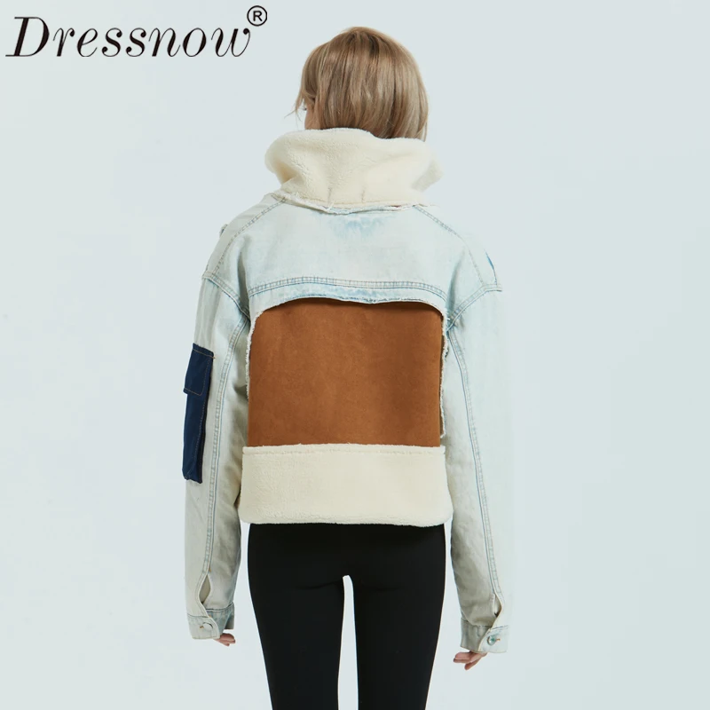 Dressnow, женская короткая джинсовая стеганая куртка, для девушек, плюс бархат, толстая овечья шерсть, пальто, женские модные зимние пальто