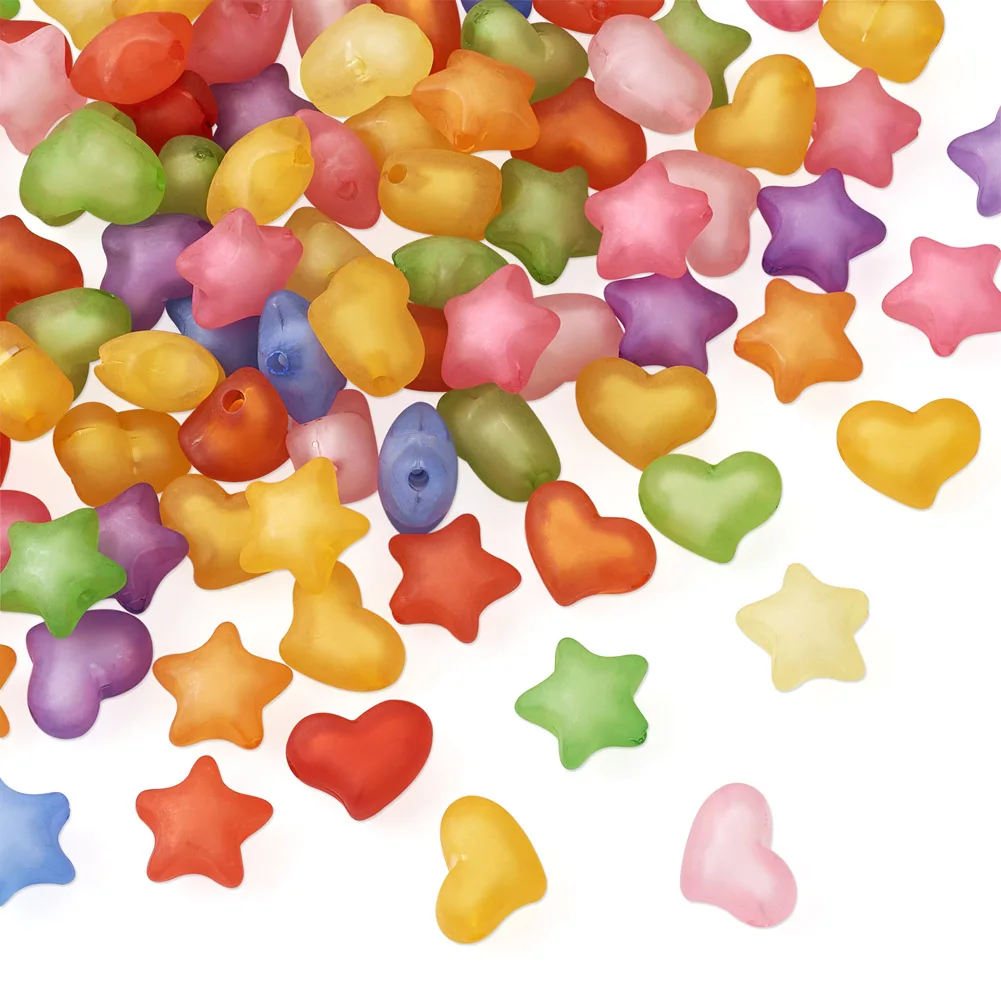 100Pcs Frosted Acrylic Heart Star Shape Beads Mixed Color Loose Spacer Bead Charms For Earring Necklace DIY Jewelry Making