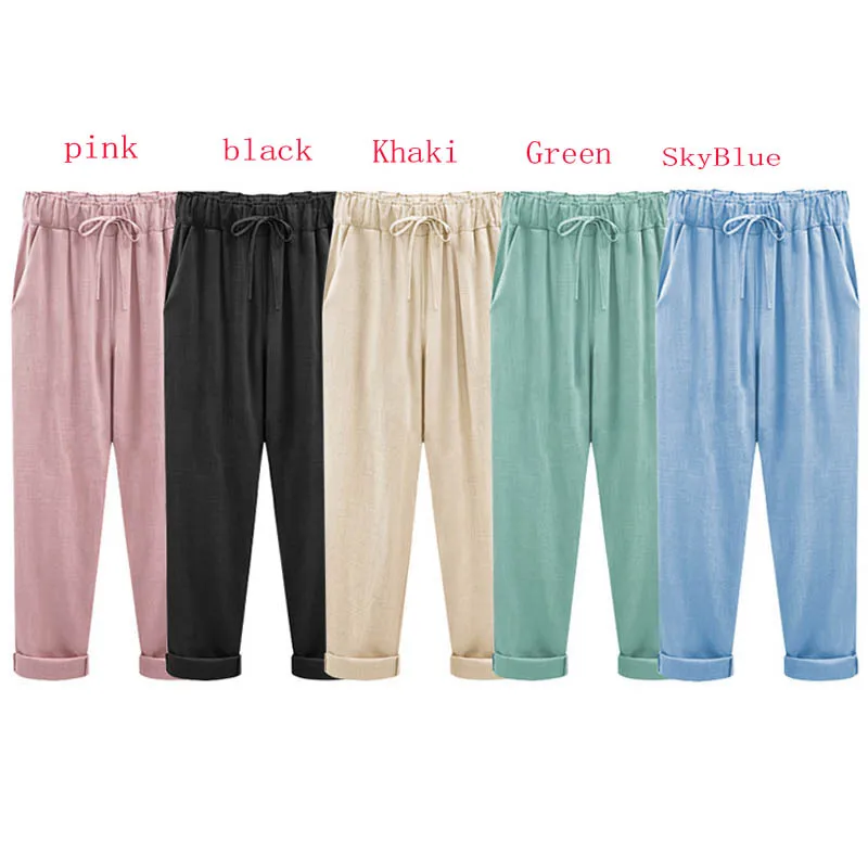 

M-6XL Plus Size Women Pants Linen Cotton Casual Harem Pants Candy Color Harajuku Green Trousers Female Ankle-length Length Pants