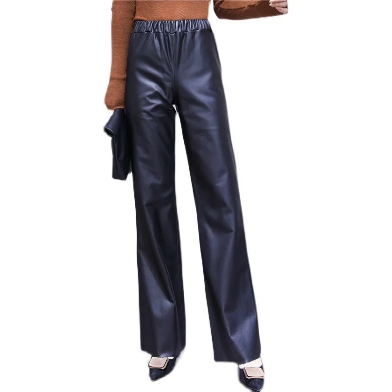 Women's Lengthened Leather Pants, Straight Cowhide Leather Pants, Elastic Waist, Autumn Winter, Casual Pants 5XL outer garment wide version cowhide belt women s dress wide belt 4 5cm adjustable buckle belt waist seal cowhide expansion belt