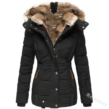 

Female Cotton Padded Jackets Winter Casual Women's Fur Collar Long Sleeve Slim Solid Cotton Basic Jacket Hooded Top Warmness XXL