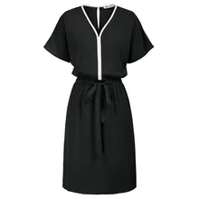 Vestido de cintura com cordão feminino manga curta batwing com decote em v a linha casual com lado aberto-costura bolsos mangas curtas batwing