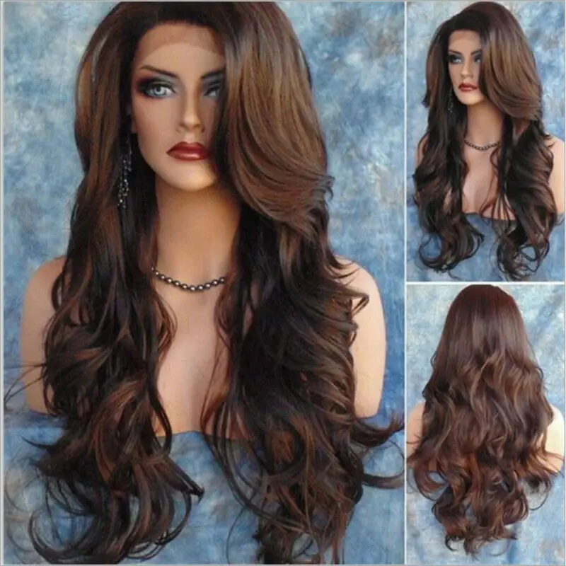 

76cm Synthetic Front Lace Wigs Long Wavy Wig Glueless Fashion Inclined Bang Wigs