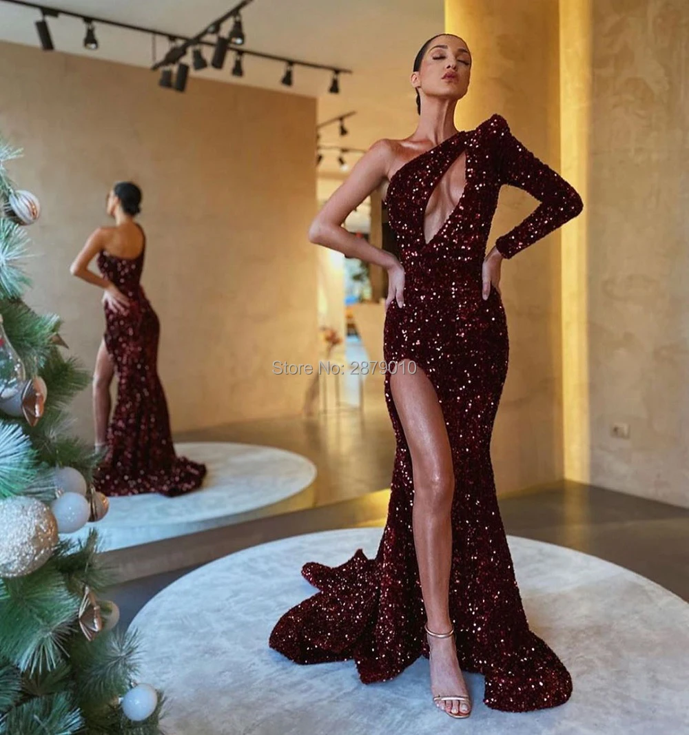 

2020 Islamic Burgundy Mermaid Evening Dress Floor-Length Sequins Prom Dress Slit Robe De Soiree Aibye Middle East Dubai Arabia