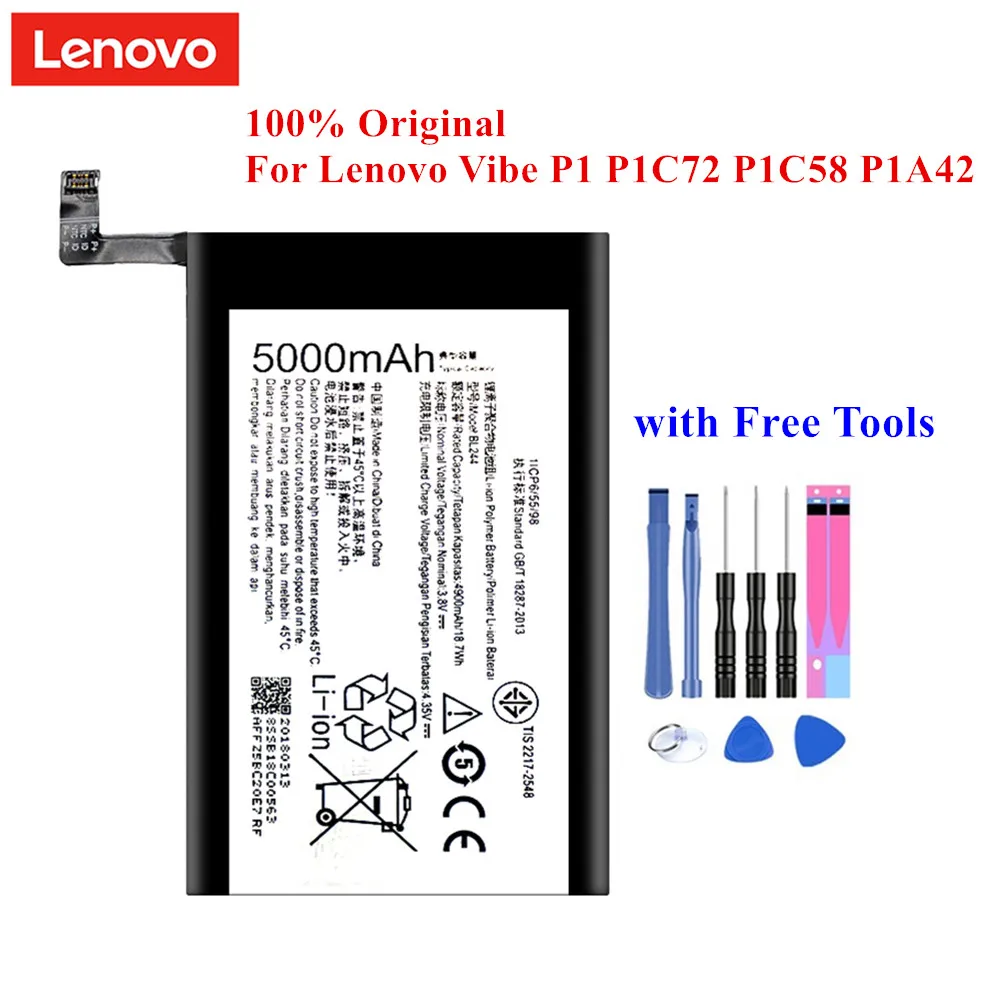 100% Original Battery BL244 for Lenovo Vibe P1 P1a42 P1c58 P1c72 5000mAh Rechargeable Batteria with Tools kit | Мобильные телефоны