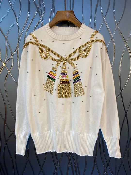 Early autumn new women's round collar rope nail bead knitted pattern decoration loose 100-tie knitted shirt 1008