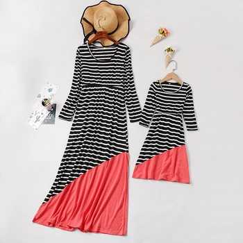 

Striped Dress Long Sleeve Mother Daughter Mommy and Me Matching Dresses Clothes Family Look Mom Mum and Baby Women Girl Clothing