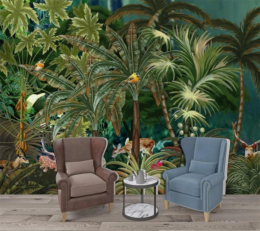 Пользовательские обои 3d Фреска HD гигантский скандинавский ручная роспись тропический лес цветы и птицы ТВ фон обои 3d