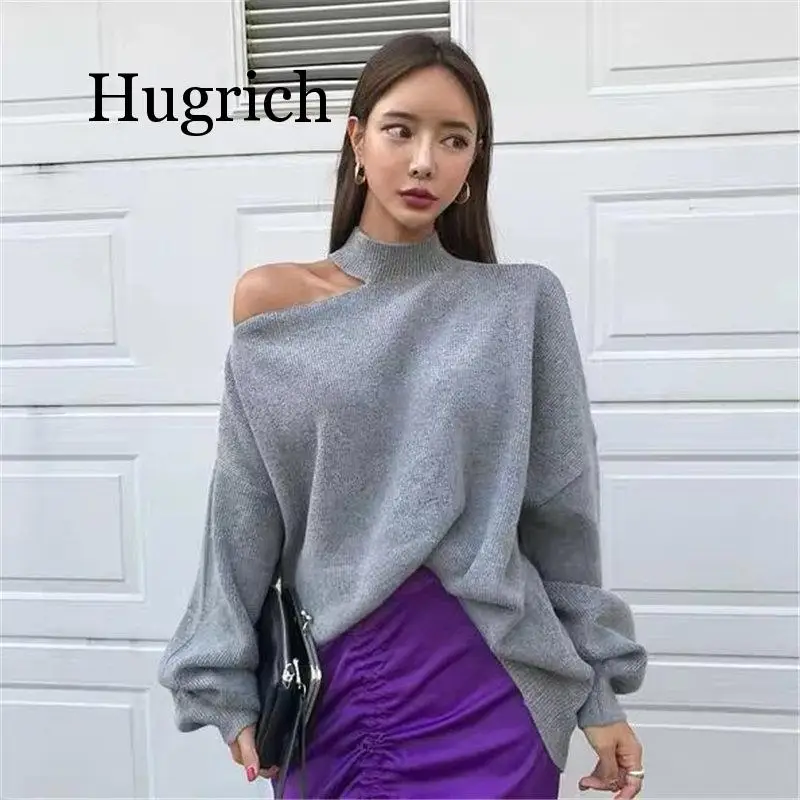 

2020 Halter Bare Shoulders Knitted Office Ladies Winter Autumn Loose Irregular Casual Elegant High Street Sweaters Tops