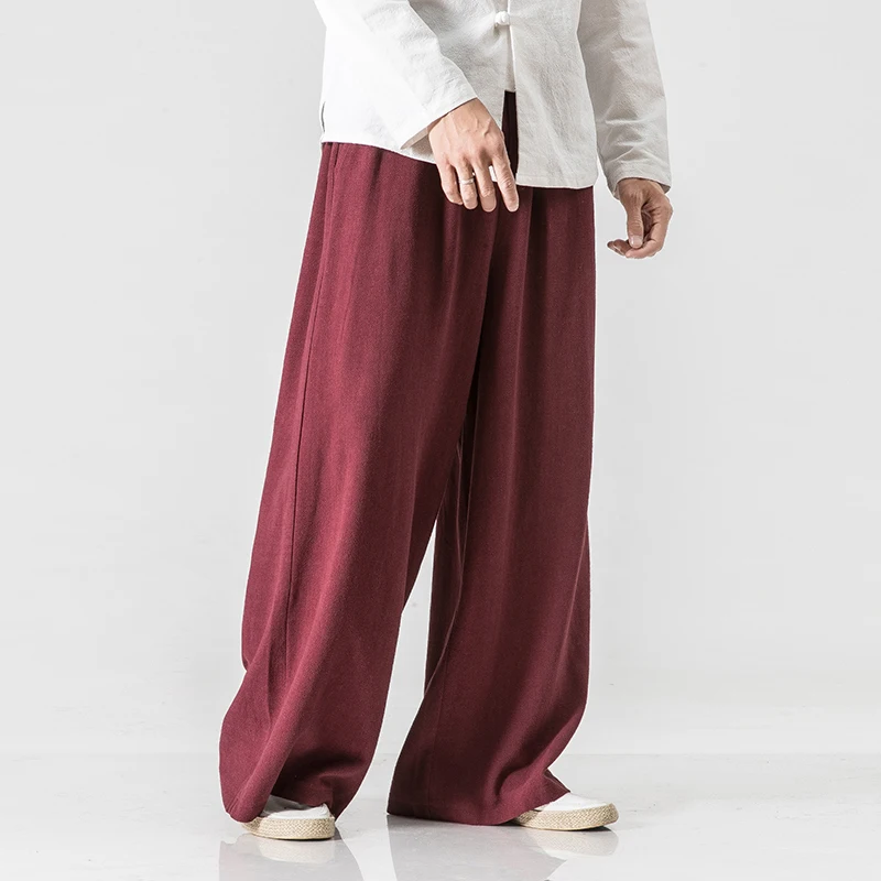 2023 Mens Cotton Linen Wide Leg Pants Summer Men Casual Solid Elastic Waist Straight Loose Trousers Male Black Track Pants M-5Xl 3