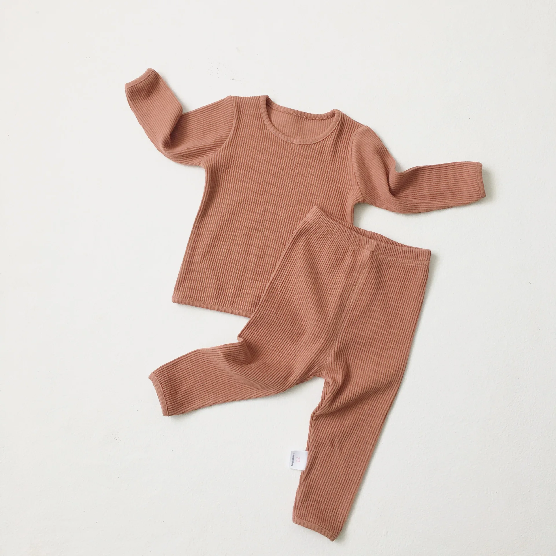 Children Ribbed Fitted Pajamas Kids Toddler Boys Girls PJS Cotton Top and Pants Sets Clothing Clothes Sleepwear Nightwear - Цвет: Brownish Orange