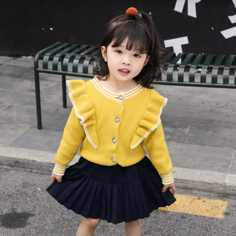 

2019 Autumn New Style Girls Flounced Lace Collar Sweater Cardigan Korean-style Western Style Children Knitted Coat Fashion