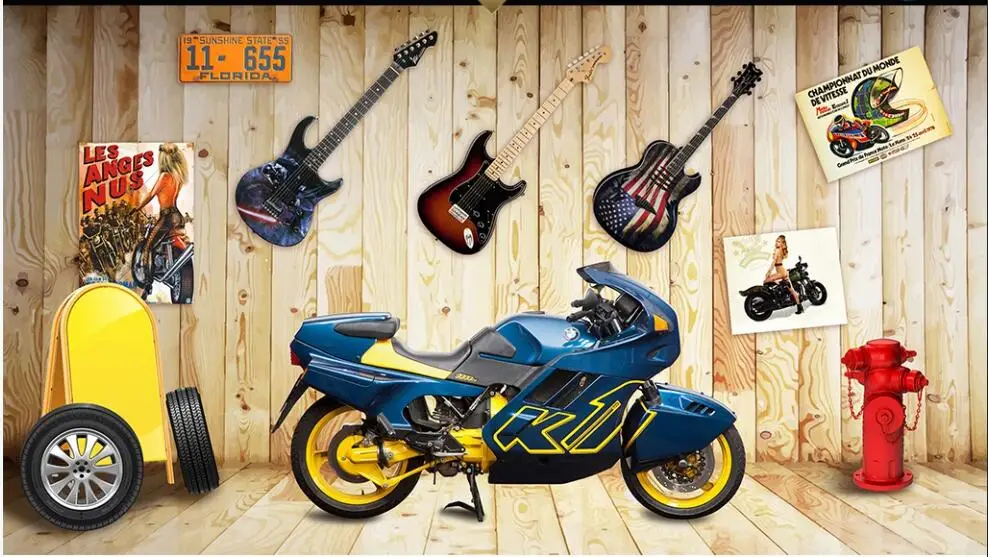 

Custom photo mural 3d wallpaper Motorcycle retro plank guitar tooling background living room home decor wallpaper for walls 3 d