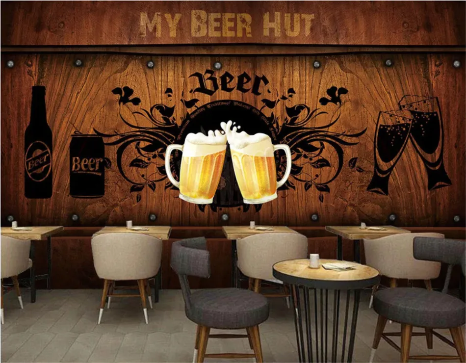 European and American Style Retro Wood Board Background Beer Mural Wallpaper Restaurant Bar KTV Industrial Decor Wall Paper 3D