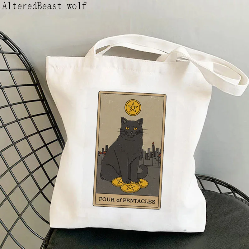 Women Shopper bag Five of Wands cat Tarot Printed Bag Harajuku Shopping Canvas Shopper Bag girl handbag Tote Shoulder Lady Bag