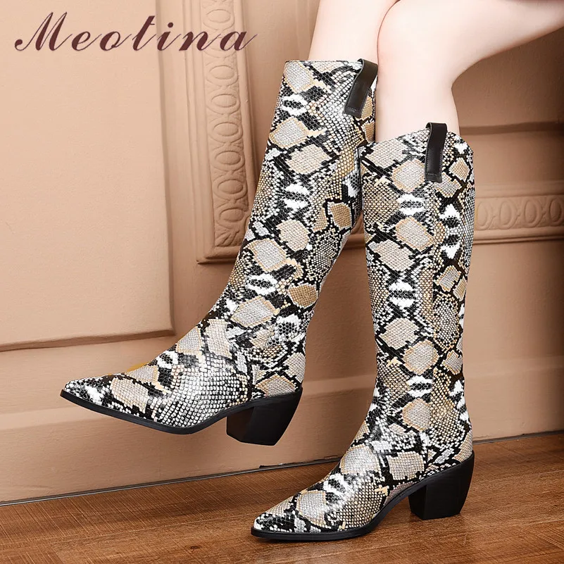 

Meotina Winter Knee High Boots Women Snake Print Block High Heel Western Boots Slip on Pointed Toe Shoes Ladies Large Size 34-46