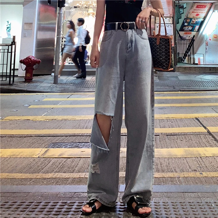 

ZOSOL New Style with Holes Wide-Leg Jeans Students Floor-Length Pants Loose-Fit Laziness-Style Slimming Straight-leg Pants