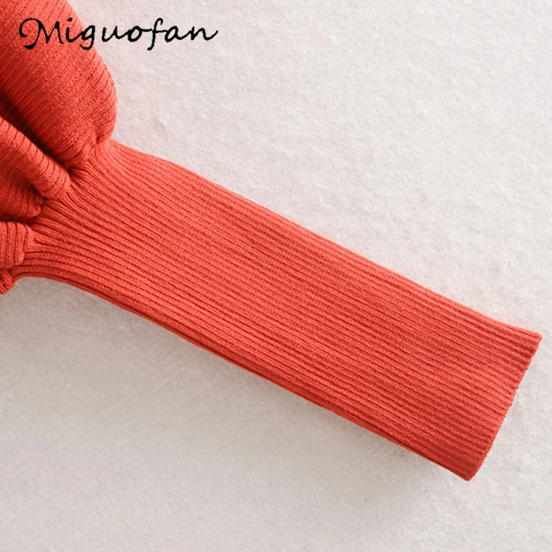 Miguofan, Женские однотонные топы, свитера, женские свитера, водолазка, джемпер, вязаные тонкие свитера с рукавами-фонариками, тянущиеся тонкие пуловеры