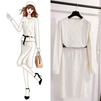 

Comelsexy 2019 Autumn Winter Knitted Two Piece Set Women Suit Pullover Sweater High Waist Skirts Office Lady Knitted Set